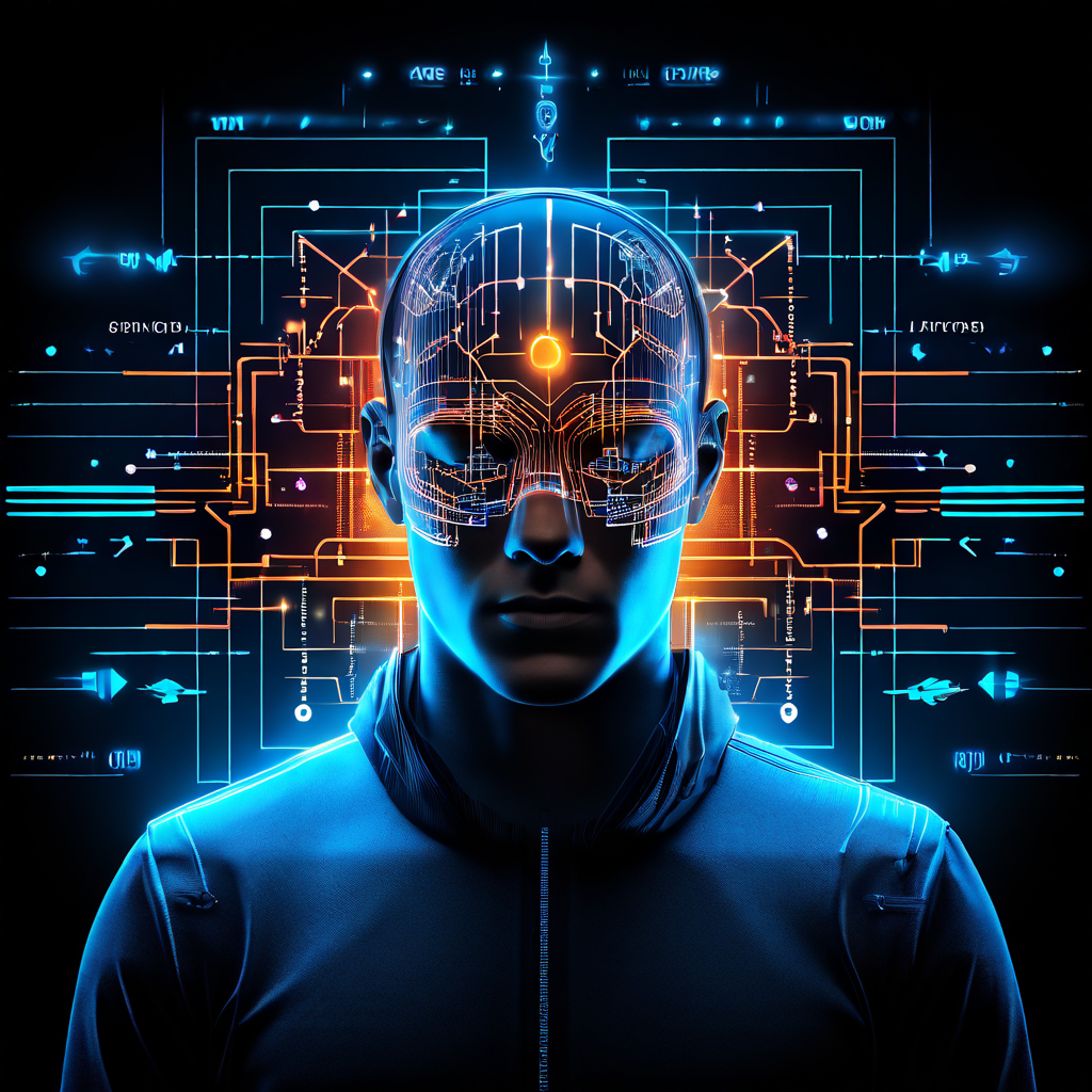 인지적 고정 개념을 시각적으로 표현한 메타포로서, 빛나는 VAR 스크린 인터페이스에 갇힌 사람의 머리가 화면 안의 화살표와 다이어그램으로 고정된 사고 패턴을 상징적으로 보여줍니다.