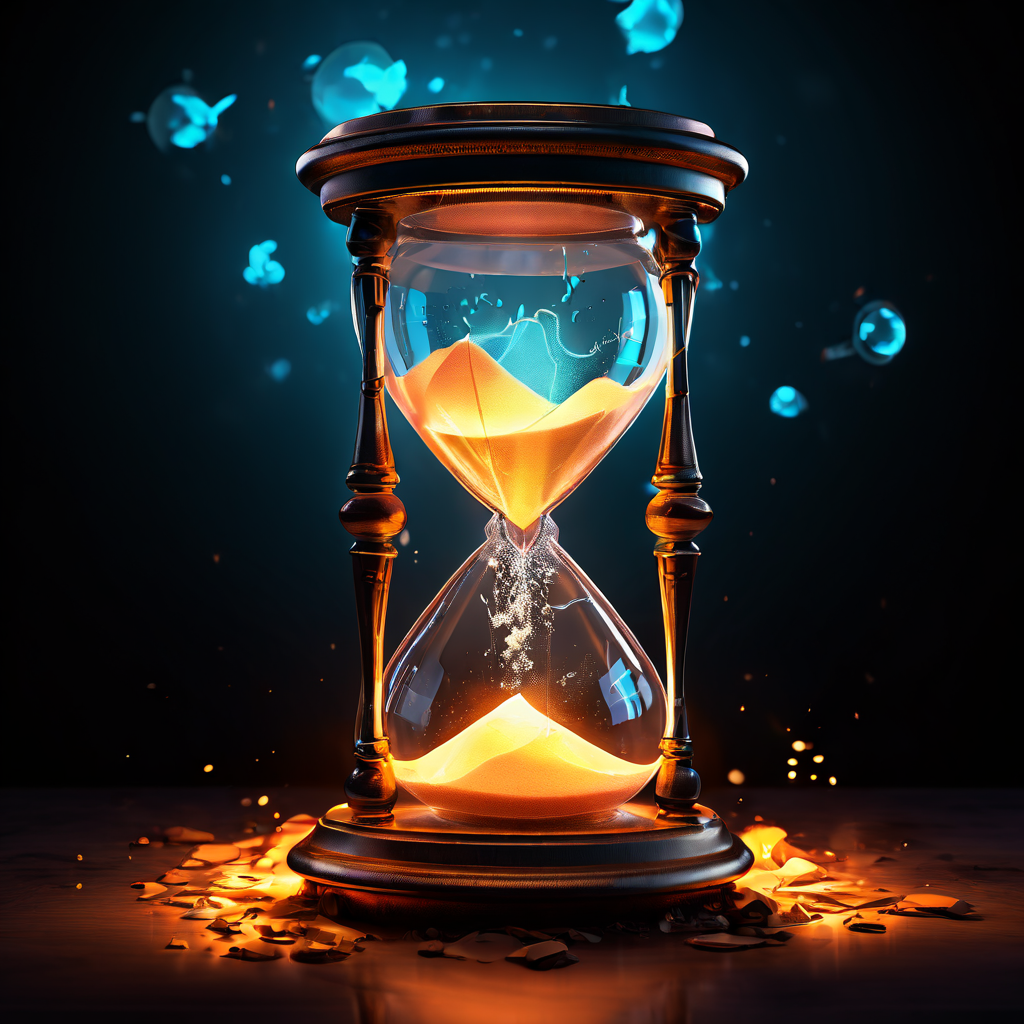 깨진 모래시계를 향해 흐르는 빛나는 말풍선들이 양쪽을 연결하며 시간의 회복과 소통의 치유력을 상징적으로 표현한 이미지입니다.