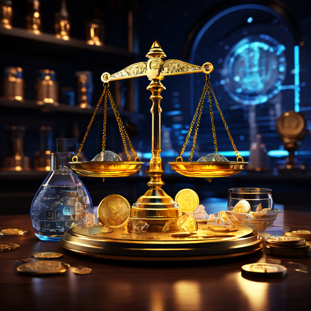 RTP(실시간 결제) 기술의 가치를 빛나는 수정과 금화로 형상화한 이미지로, 배경의 과학 공식이 기술의 혁신적 성과를 상징적으로 표현합니다.