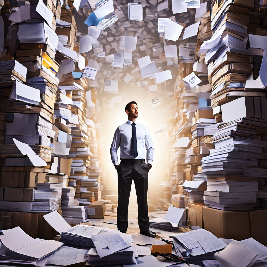 소상공인이 서류 작업과 물류 같은 거대한 운영 난관 앞에서 고민하는 모습을 담은 이미지로, 창업 초기 단계의 현실적인 어려움을 상징적으로 표현하고 있습니다.