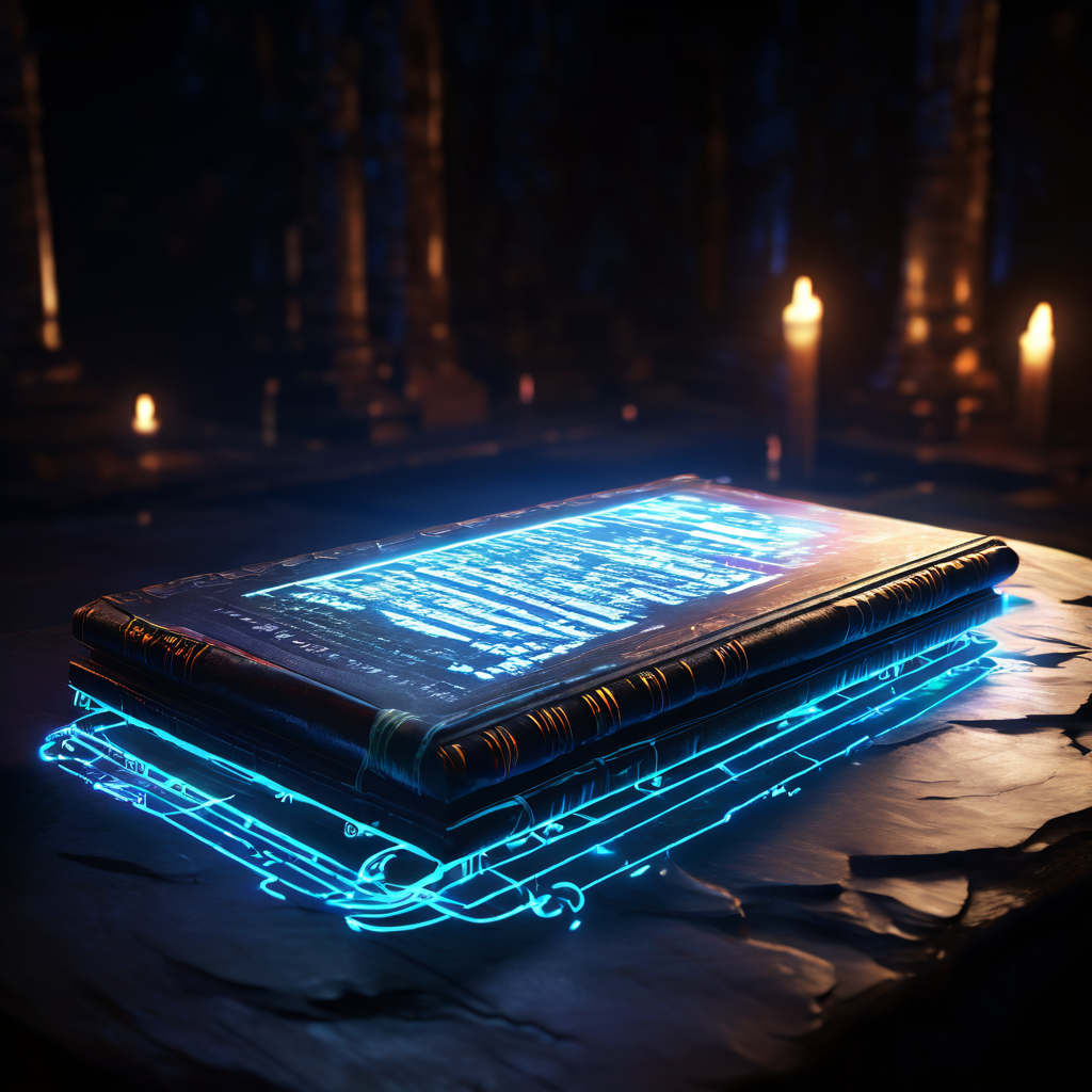 고대 석판이 디지털 공간에 떠 있으며 스타일러스에서 흘러나오는 빛나는 데이터 선이 영원히 변경 불가능한 체인을 형성하는 블록체인 기술 개념을 시각화한 이미지입니다.