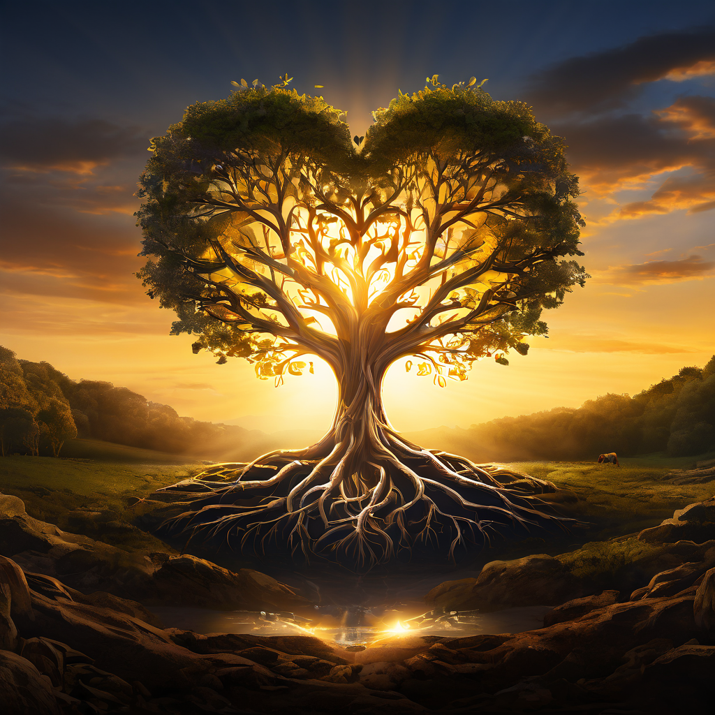 안정적인 태양빛 아래 깊은 뿌리를 내린 빛나는 나무가 하트 모양과 회사 로고 형태의 가지를 뻗어내며 성장과 비전을 상징하는 이미지입니다.