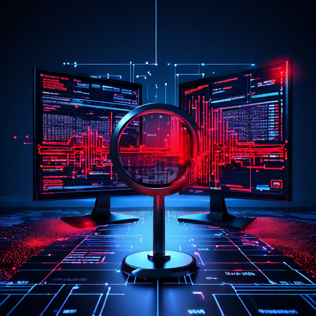 데이터베이스 스키마와 서버 로그를 분할 화면으로 나란히 보여주며, 확대경이 두 요소 사이의 연관성을 빨간 연결선으로 추적하는 모습을 묘사한 이미지입니다.