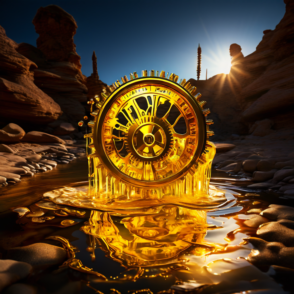 금속 기어 메커니즘이 황금빛 유동성을 건조한 강바닥에 주입하여 금융 시장 차트 위로 생동감 넘치는 자금 흐름이 활성화되는 모습을 상징적으로 표현한 이미지입니다.