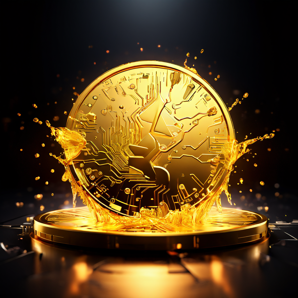유동적인 금빛이 흘러 새로운 시장을 형성하는 가운데, 빛나는 배터리 코인이 주조되는 모습을 통해 디지털 자산과 블록체인 기반 경제 생태계의 성장을 상징적으로 표현한 이미지입니다.