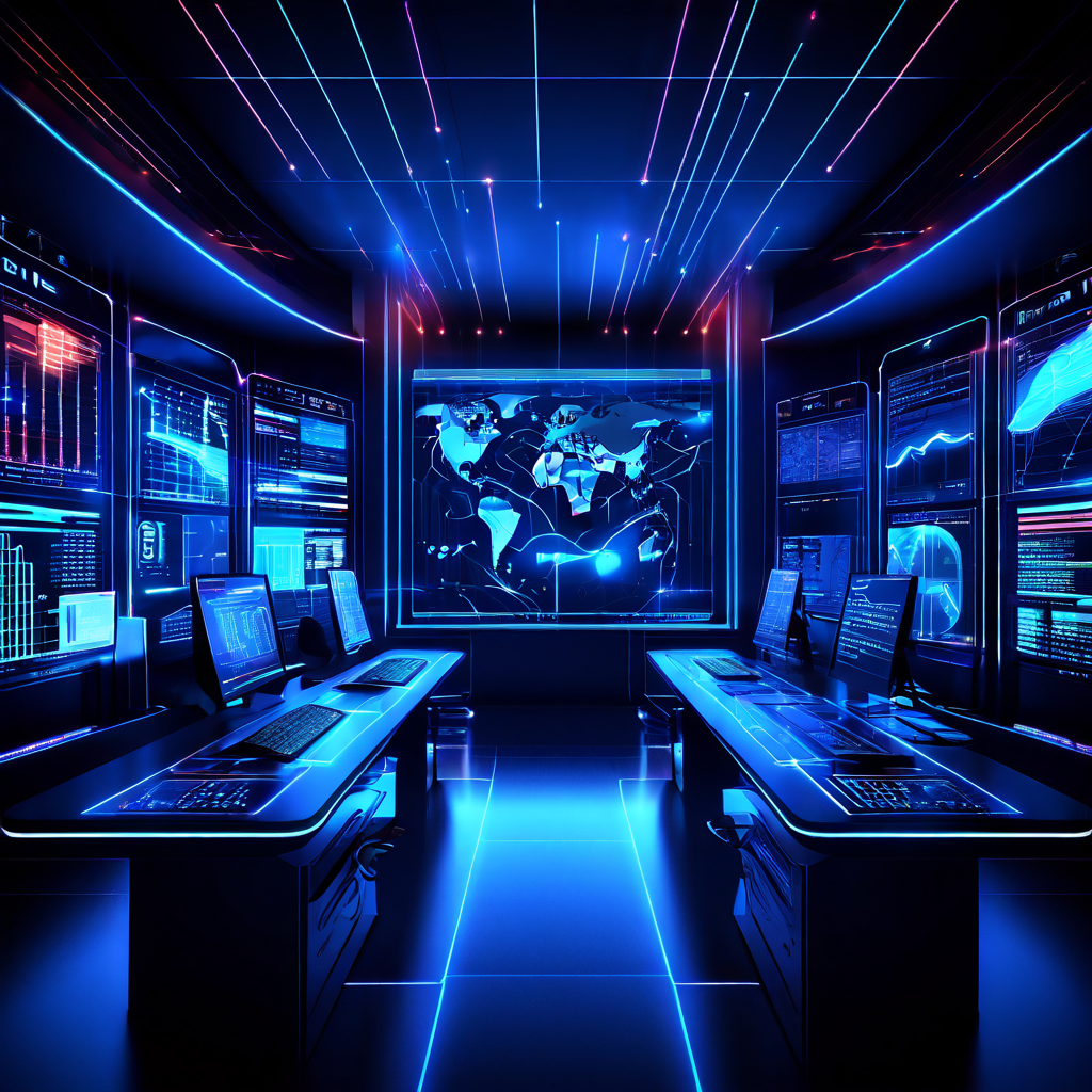 중앙 서버에서 뻗어나오는 연결선이 실시간 데이터 그래프, 지도, 성과 지표를 표시하는 여러 모니터 화면과 이어지는 현대적인 시스템 아키텍처 구성도입니다.