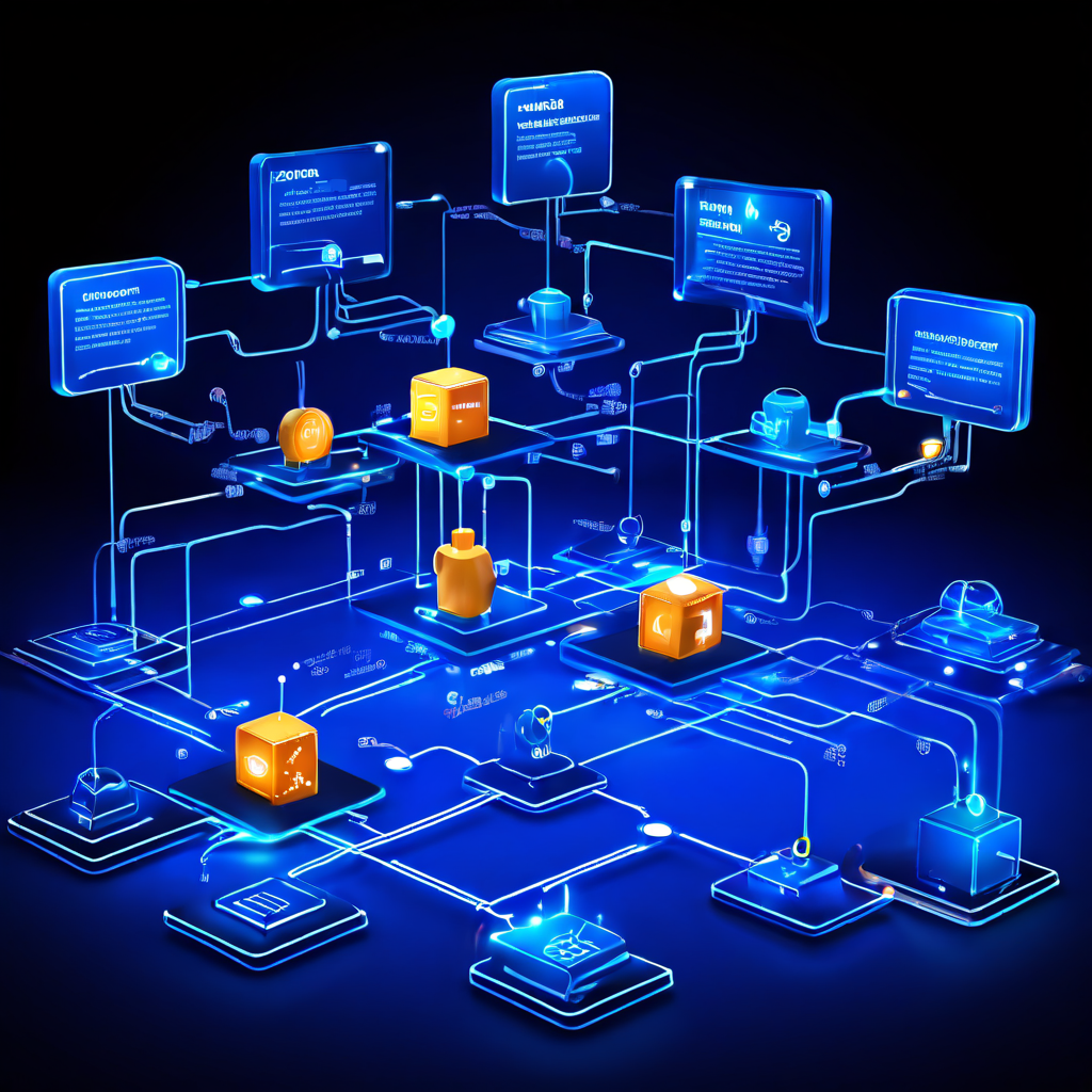 3차원 플로우차트로 구현된 교육 프로그램의 핵심 단계인 설계와 시뮬레이션 과정을 아이콘과 연결선으로 시각화한 디지털 콘텐츠 이미지입니다.