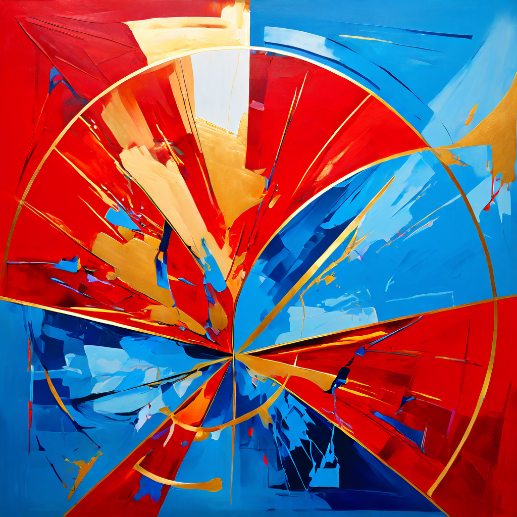 열정적인 붉은색과 황금색의 팬 에너지가 차가운 기하학적 푸른색 시장 논리와 충돌하는, 분할된 캔버스 위의 활기찬 추상화 작품을 보여주는 이미지입니다.