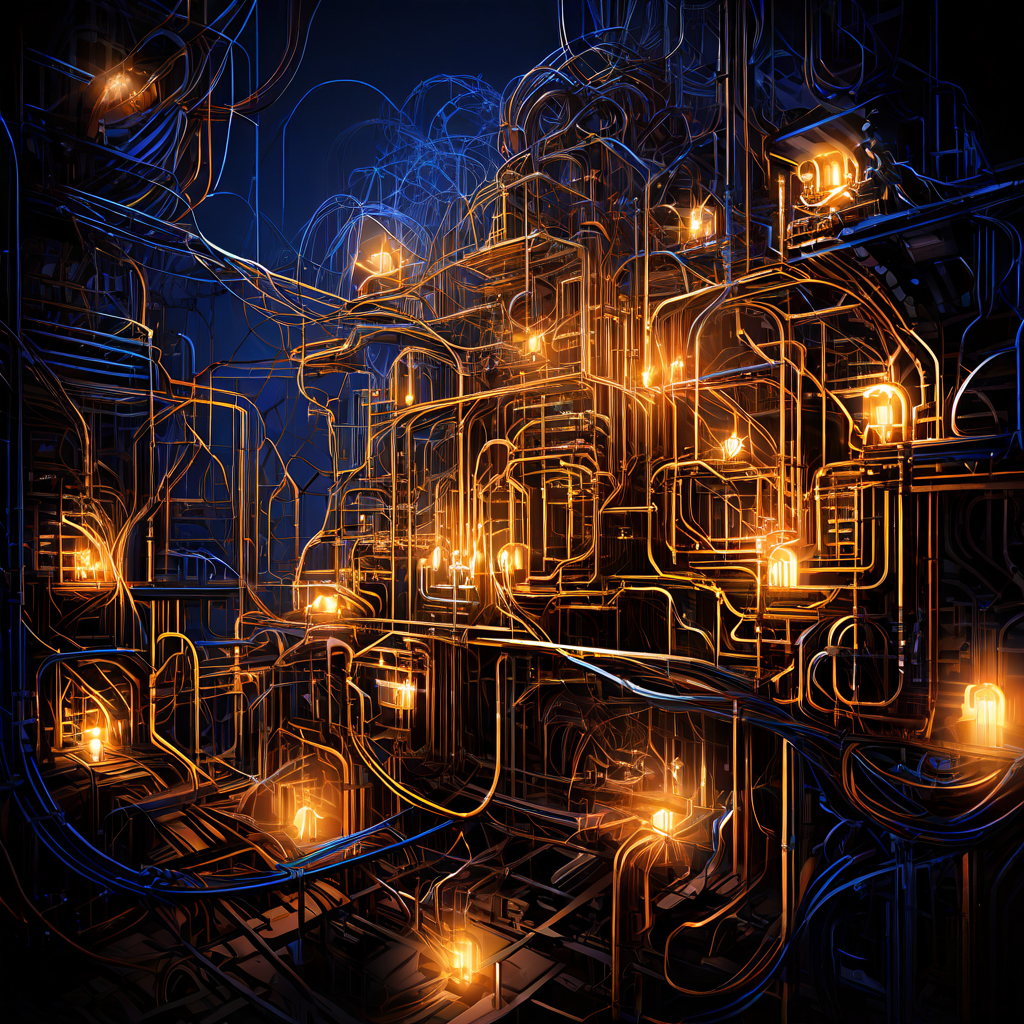 복잡하게 얽힌 기어와 전선들의 혼란스러운 네트워크를 우아한 건축 설계도가 덮어 정리하며 기술적 체계와 구조적 질서의 통합을 상징적으로 표현한 이미지입니다.
