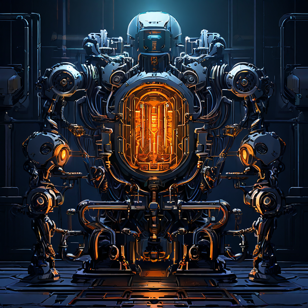 유동성 고갈과 자동화된 방어 시스템을 상징하는 복잡한 기계가 건조 파이프와 톱니바퀴로 구성되어 있으며, 빛나는 방패를 든 로봇 감시자들이 이를 경계하고 있는 모습을 묘사한 이미지입니다.