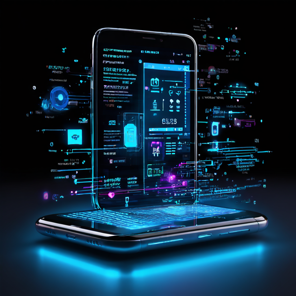 스마트폰 화면에 표시된 코드와 주변에 떠 있는 성능, 배터리, 터치 제스처 아이콘이 모바일 앱의 핵심 기능 최적화 과정을 시각적으로 설명하는 이미지입니다.