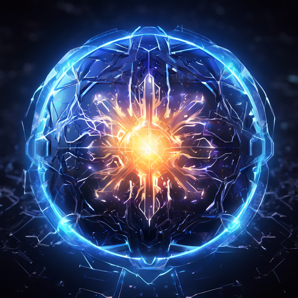 복잡한 네트워크 핵심을 보호하는 발광 디지털 실드가 깨져 나가는 미세한 균열을 즉시 자가 복원하며 사이버 보안의 회복 탄력성을 시각화합니다.