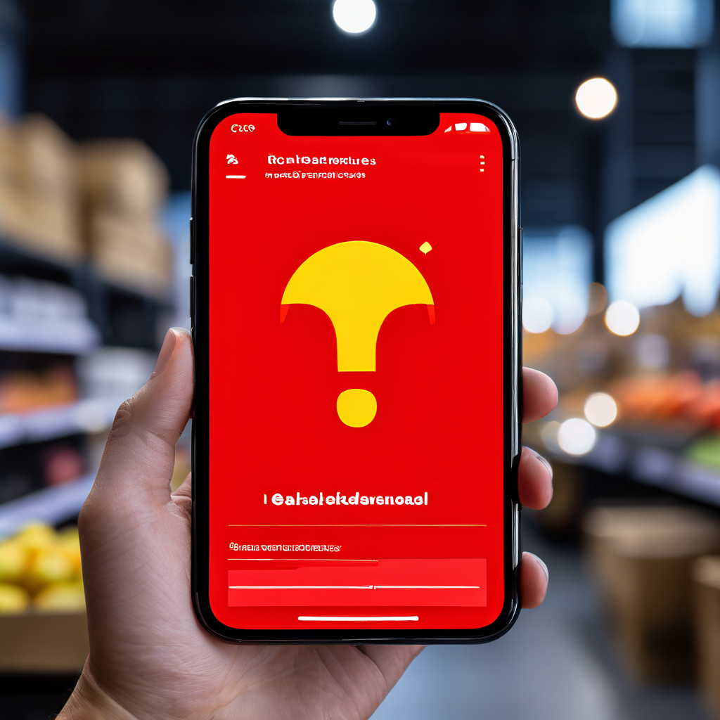 스마트폰 화면에서 마켓플레이스 앱의 추천 상품 섹션이 비어 있고 회색으로 비활성화된 상태를 보여주며, 그 위에 큰 빨간색 물음표와 느낌표가 표시되어 추천 시스템에 문제가 있음을 시사합니다.