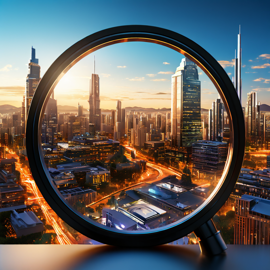 솔루션 포커스라는 라벨이 붙은 돋보기를 통해 바라본, 견고한 다층 기술 기반 위에 복잡하게 성장한 디지털 도시 풍경을 상징적으로 표현한 이미지입니다.