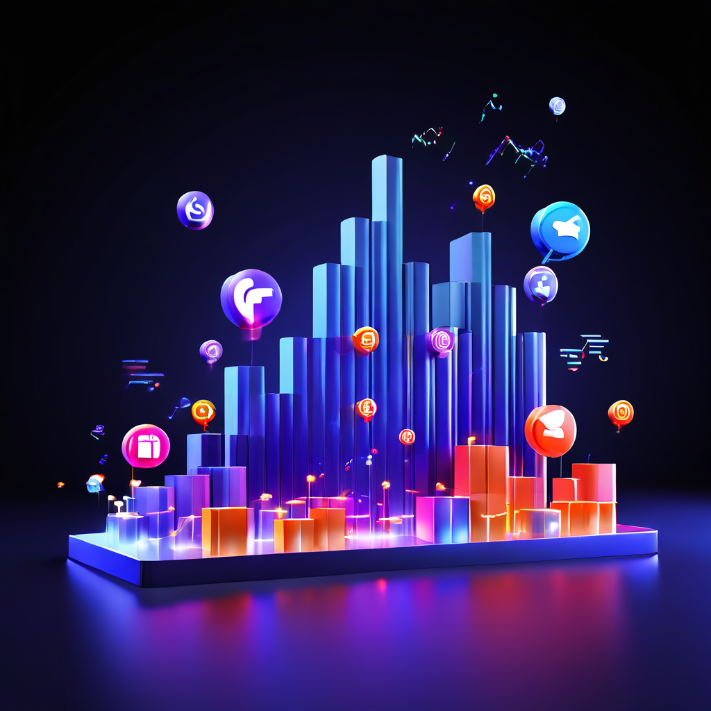 소셜 미디어 기능이 플랫폼 성장 지표에 미치는 긍정적 영향을 개념적으로 보여주는 3D 그래프로, 소셜 아이콘들이 상승하는 막대 그래프로 흘러들어가는 모습을 묘사합니다.