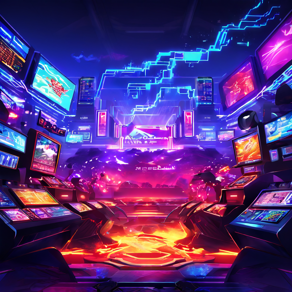 e스포츠 게임 패치가 변동성이 큰 주식 시장 그래프와 충돌하며 불안정한 파동을 일으키는 디지털 환경을 상징적으로 표현한 이미지입니다.