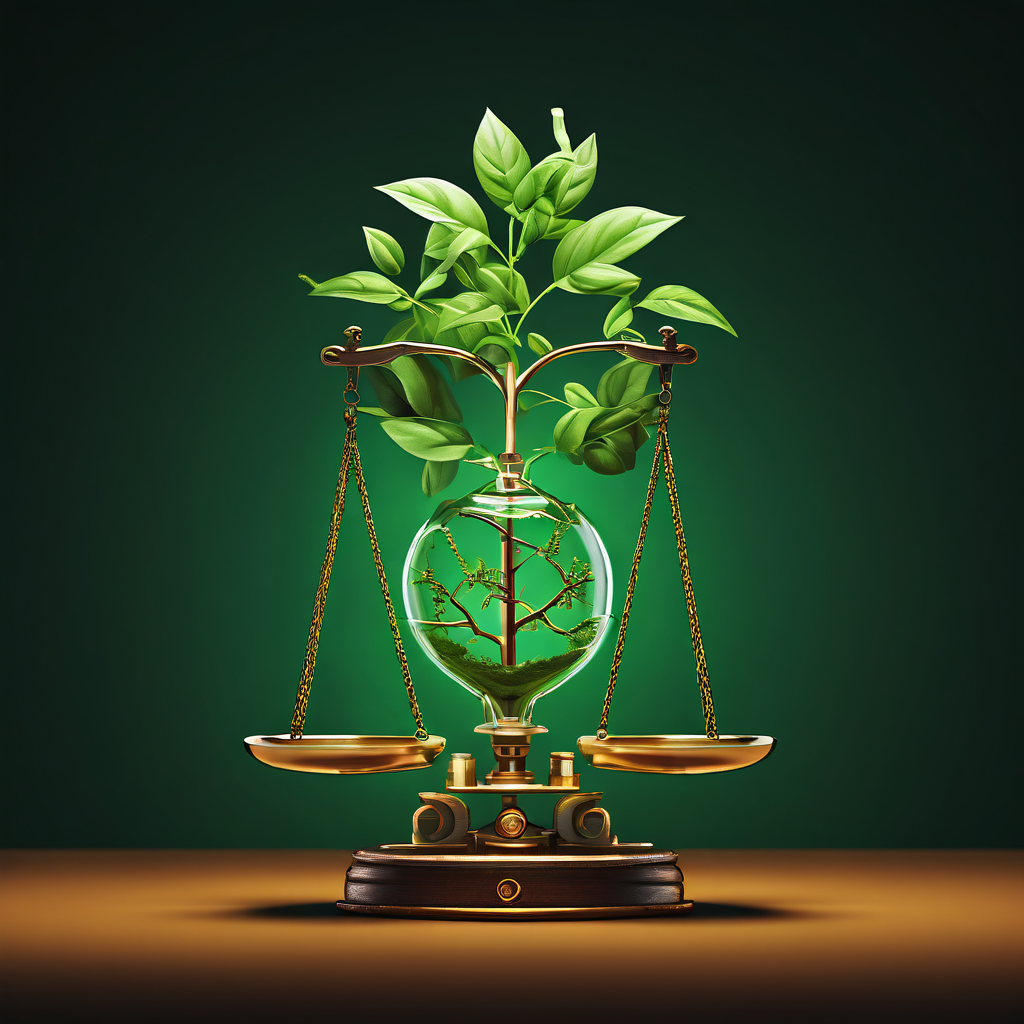 기계적 심장이 박동하는 모습과 건강하게 자라는 녹색 묘목이 각각 올려진 저울이 조화로운 균형을 이루며 기술 발전과 자연 보존의 공존 가능성을 상징적으로 보여주는 이미지입니다.