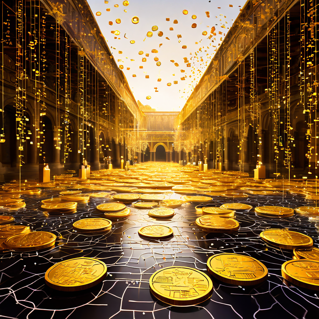 두 개의 전통 시장 광장이 금화와 데이터 스트림으로 이루어진 강으로 연결되어 공동의 중심 자원 풀을 형성하는 모습을 시각적 은유로 표현한 이미지입니다.