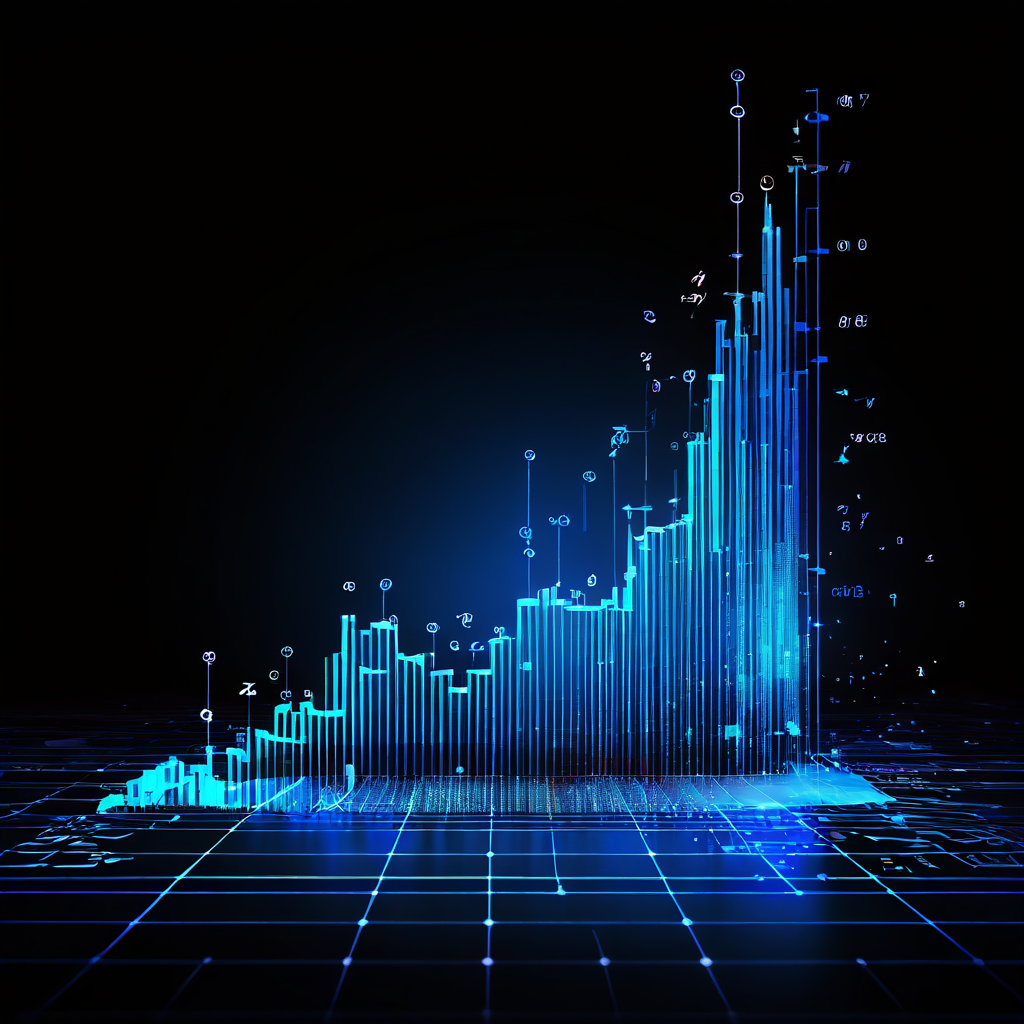 데이터 파이프라인의 손상으로 인해 이진 코드가 유출되며 급격히 하락하는 디지털 매출 그래프를 시각적으로 표현한 이미지입니다.
