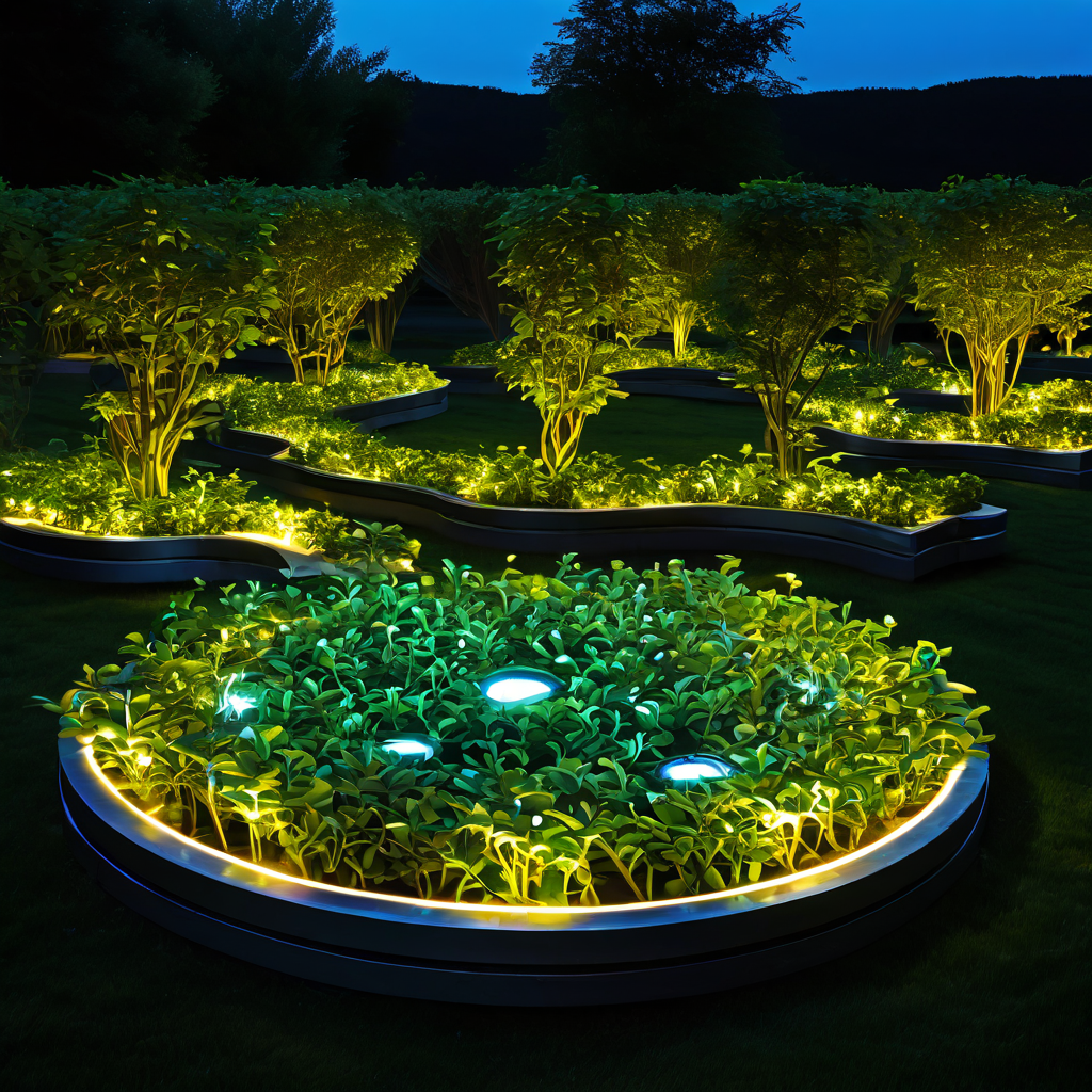 빛나는 플랫폼 코어가 변형되면서 자동화된 생울타리가 스스로 성장하고 가지치기하는 동기화된 근본적 변화를 보여주는 디지털 생태계 이미지입니다.