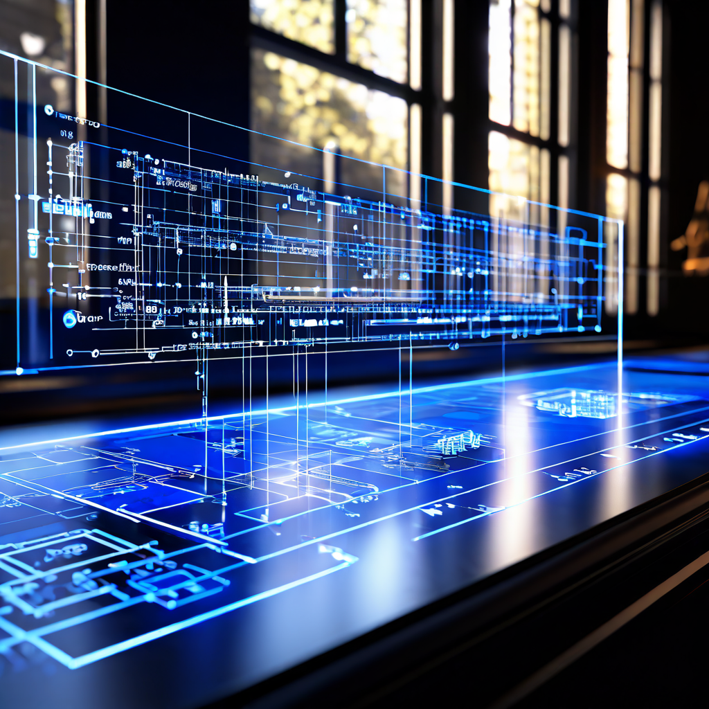 자연광에 반응하는 자동 블라인드 시스템의 핵심 제어 로직을 설명하는 블록도가 햇빛이 비치는 창문 위에 투영된 모습을 상세히 보여주는 이미지입니다.