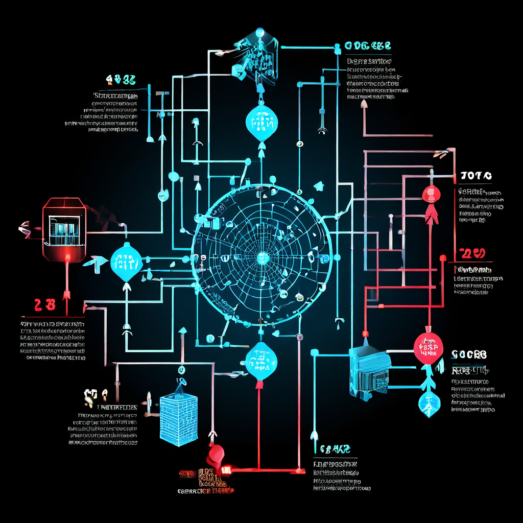 금융 데이터 처리 알고리즘의 순서도를 나타낸 것으로, 각 처리 노드를 거치는 화살표 흐름과 디지털 장부의 숫자가 실시간으로 업데이트되는 과정을 설명합니다.