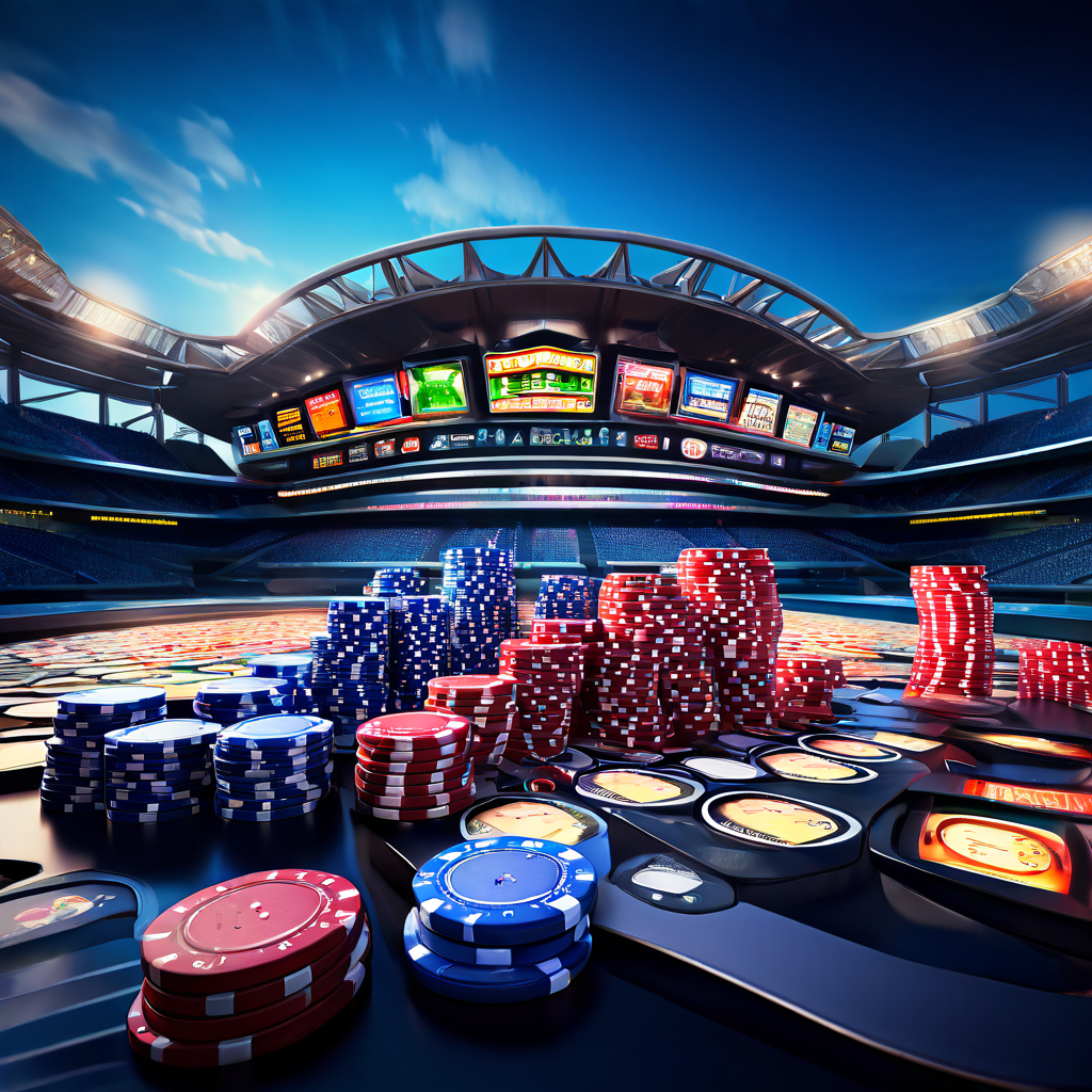 스포츠 경기장의 구조물이 카지노 칩과 주사위와 결합되어 스포츠 규제와 도박 산업 간의 법적 충돌과 윤리적 딜레마를 상징적으로 표현한 이미지입니다.