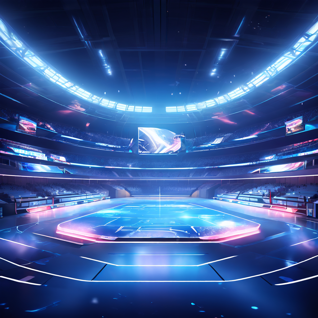 미래형 가상 스포츠 아레나에서 선수들이 고요한 눈 내리는 오프시즌 동안 홀로그램 경기장에서 훈련에 집중하는 첨단 스포츠 기술 장면을 묘사한 이미지입니다.