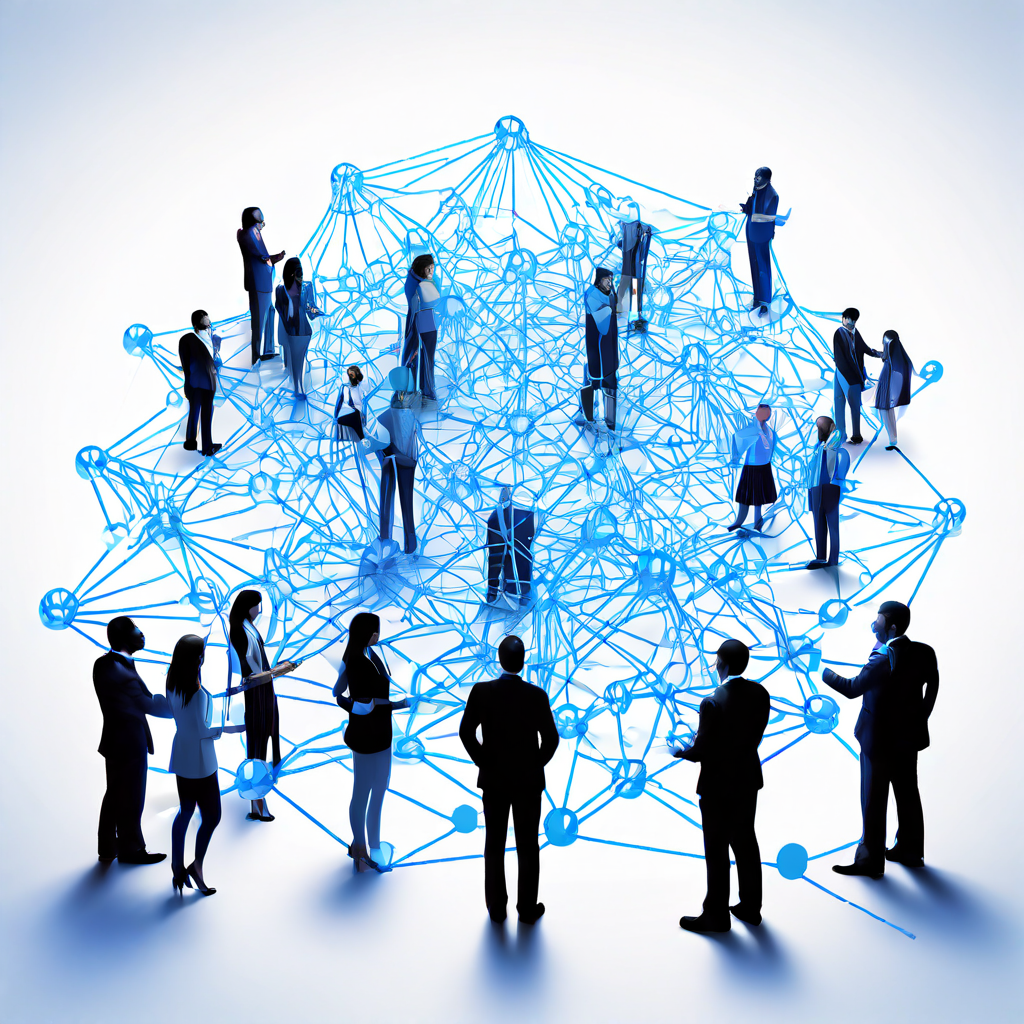 다양한 구성원들이 복잡한 네트워크 구조를 함께 구축하며 협업 전략과 구조적 과제를 동시에 해결해 나가는 팀워크와 도전의 과정을 보여주는 이미지입니다.