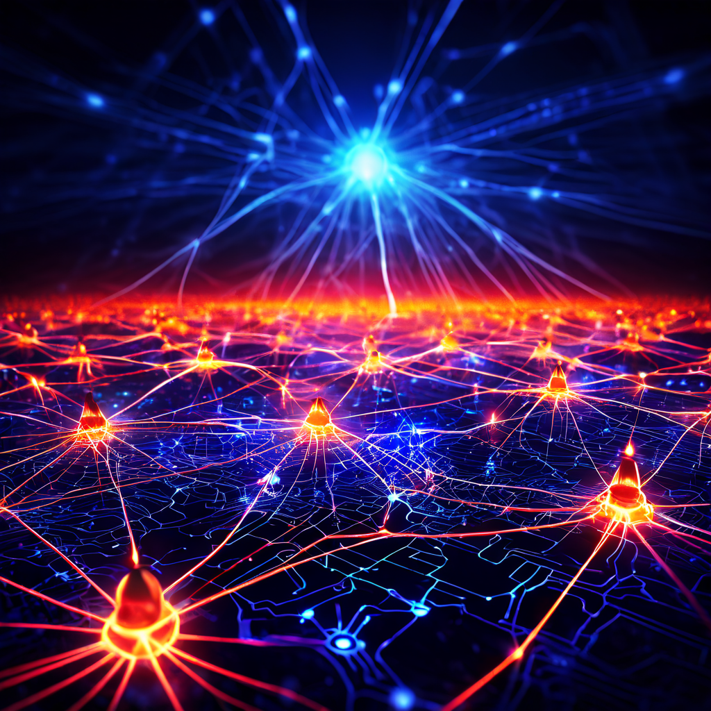 중앙에서 시작된 빛의 에너지가 여러 연결 경로를 따라 균등하게 확산되며 복잡하게 연결된 네트워크 노드의 작동 원리를 시각적으로 보여주는 이미지입니다.