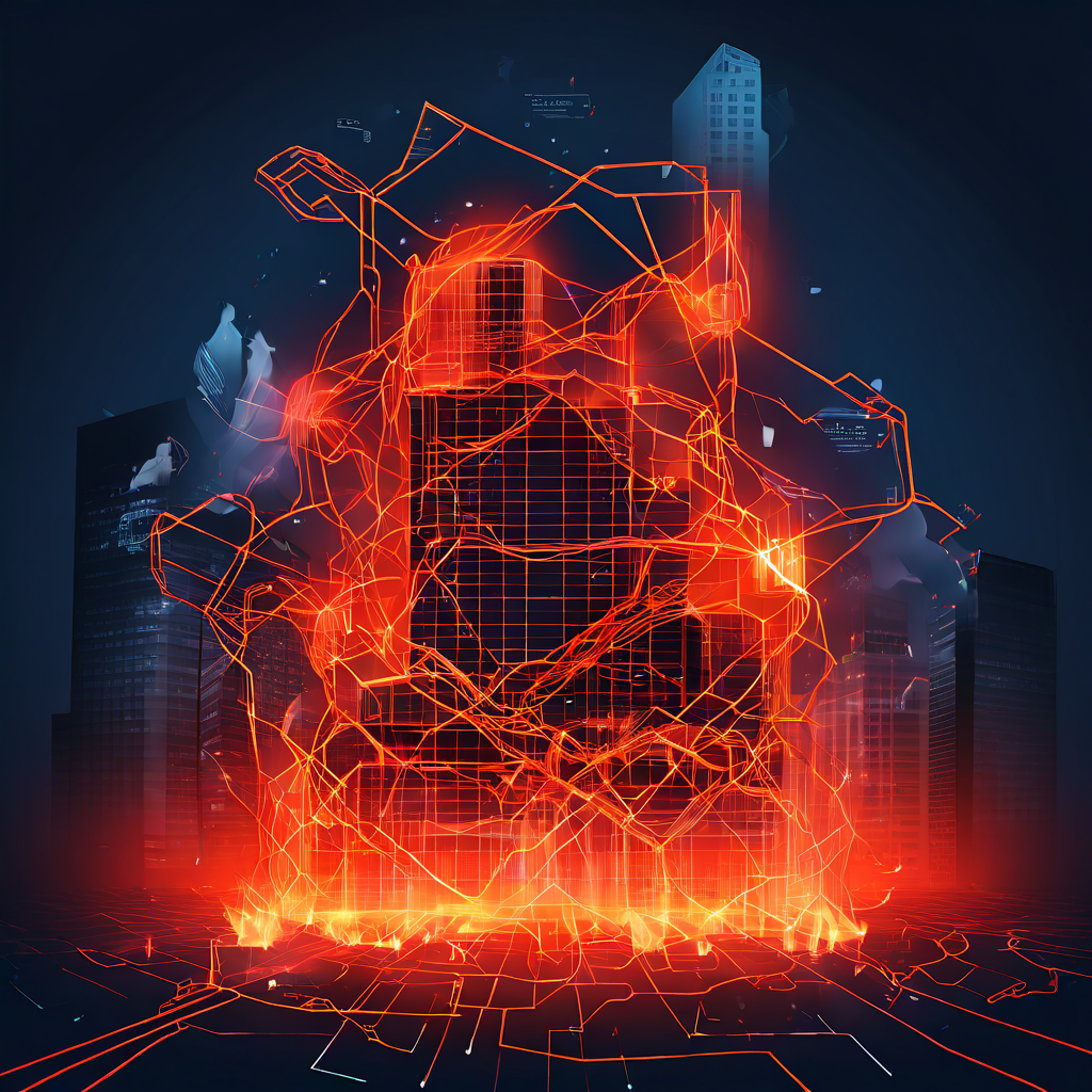 결함 있는 UI 설계가 복잡하게 얽힌 재정적 손실의 과정으로 이어지고 결국 회사 건물이 불타는 아이콘으로 표현된 추상적인 플로우차트를 묘사한 이미지입니다.