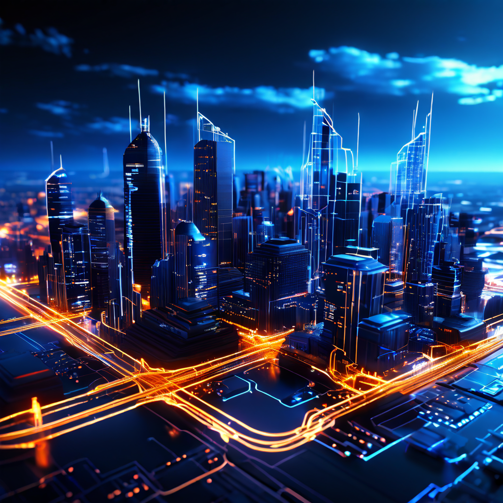 데이터 스트림으로 구성된 3D 도시 모델이 새로운 정보가 유입되며 실시간으로 구조를 업데이트하고 보호막을 형성하는 사이버 보안 개념을 시각화한 이미지입니다.