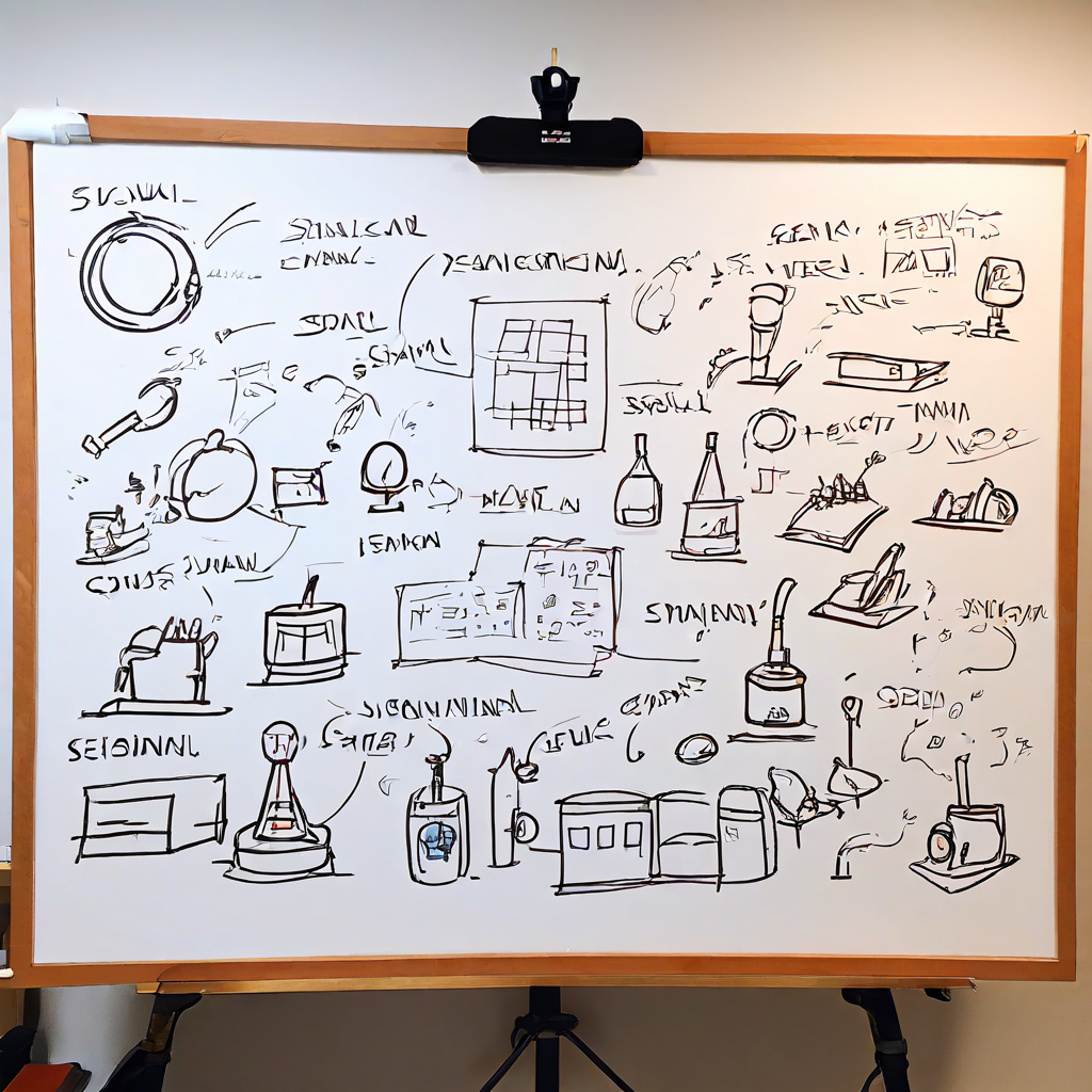 작은 일본 애니메이션 스튜디오 팀이 글로벌 소싱, 인디 크리에이터, 디지털 플랫폼을 상징하는 아이콘들이 그려진 화이트보드 앞에서 아이디어 회의를 진행하는 모습입니다.