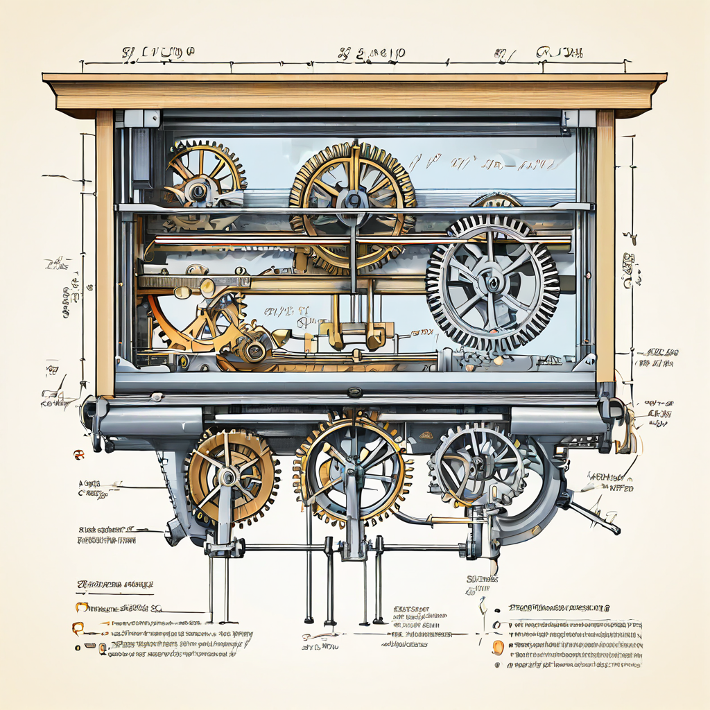 블라인드의 정밀한 작동 원리를 보여주는 단면도로 내부 기어, 코드, 풀리의 결합 구조와 메커니즘을 상세하게 설명하는 이미지입니다.