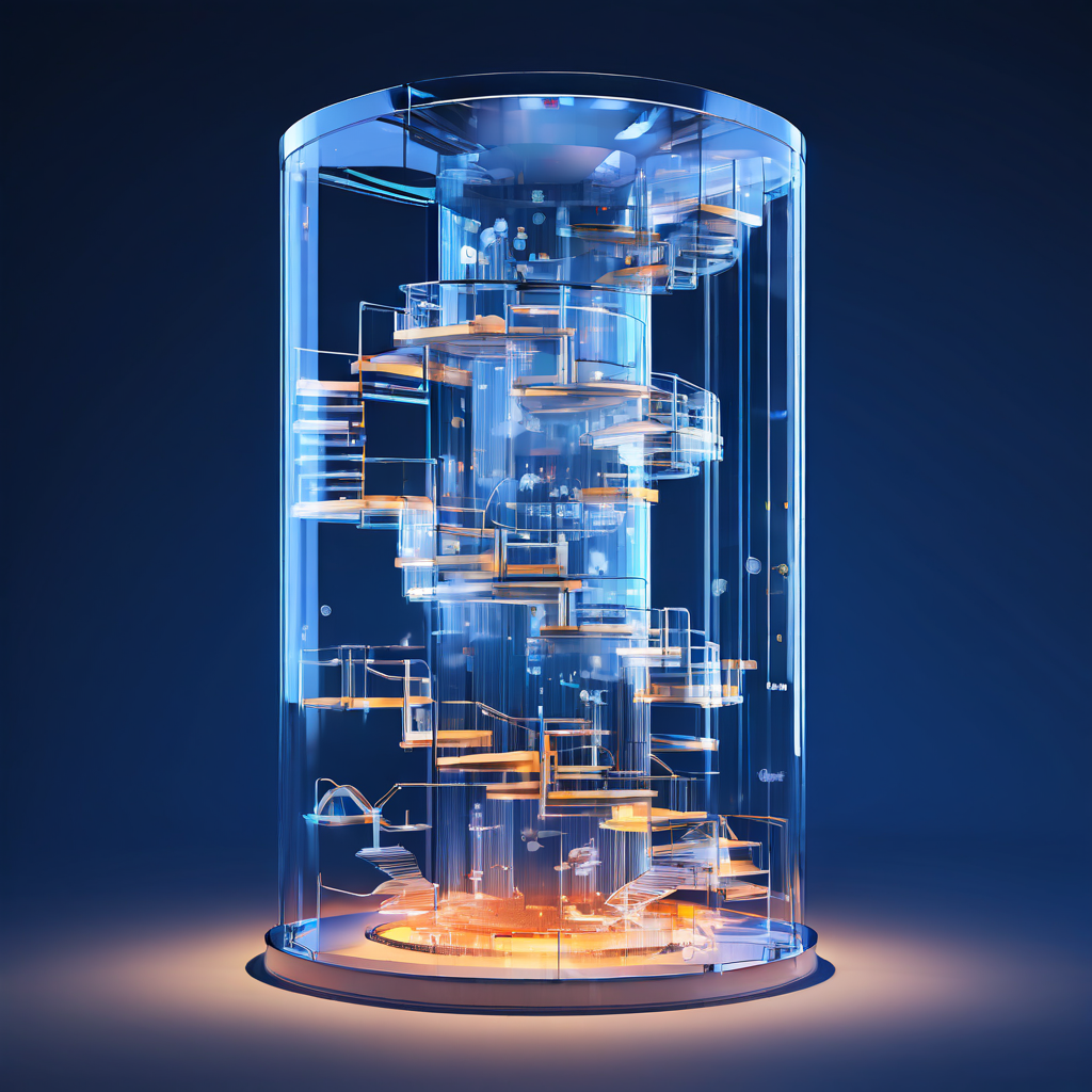 투명한 유리 건물 블록으로 쌓은 타워 내부의 기어와 예측 가능한 데이터 흐름 경로가 신뢰를 기반으로 한 시스템의 투명하고 견고한 구조를 상징적으로 표현한 이미지입니다.