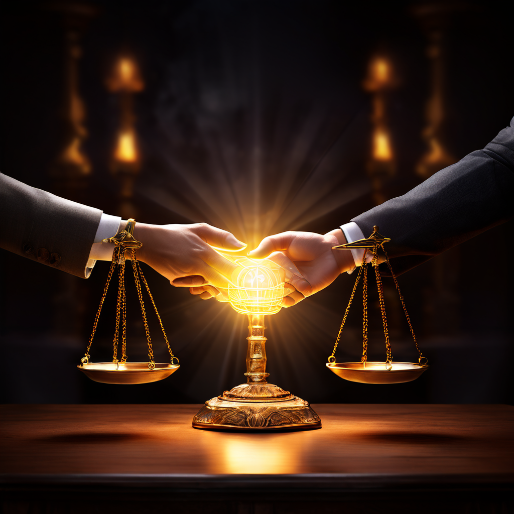 계약과 법적 저울 위에서 빛나는 악수는 해석 과정에서 요구되는 선의와 신의 성실의 원칙을 상징적으로 표현한 이미지입니다.