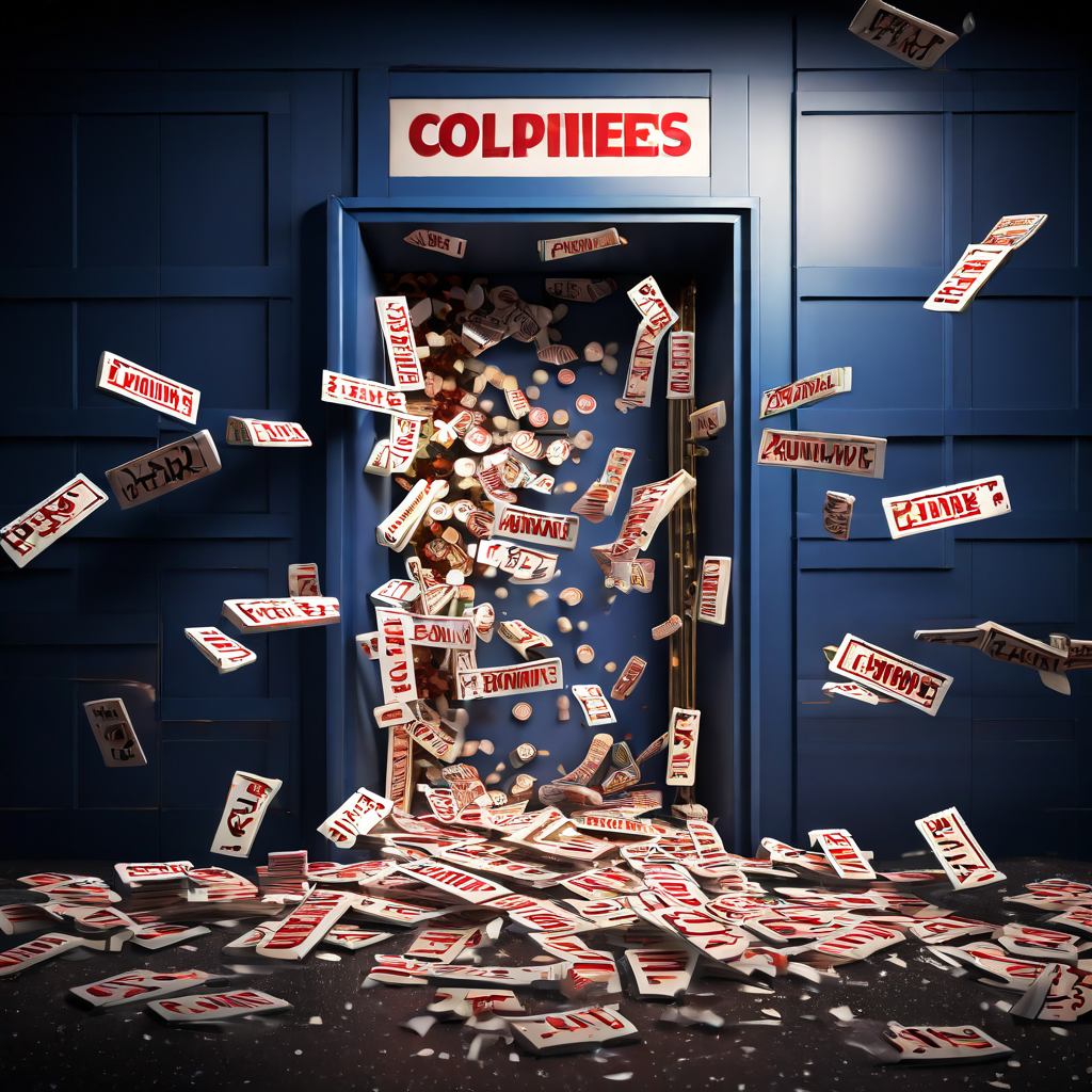 폐업을 알리는 'CLOSED' 간판이 달린 가게 문이 닫히며 공급업체, 직원, 경제와 같은 요소가 적힌 도미노가 연쇄적으로 무너져 내리는 모습으로, 한 기