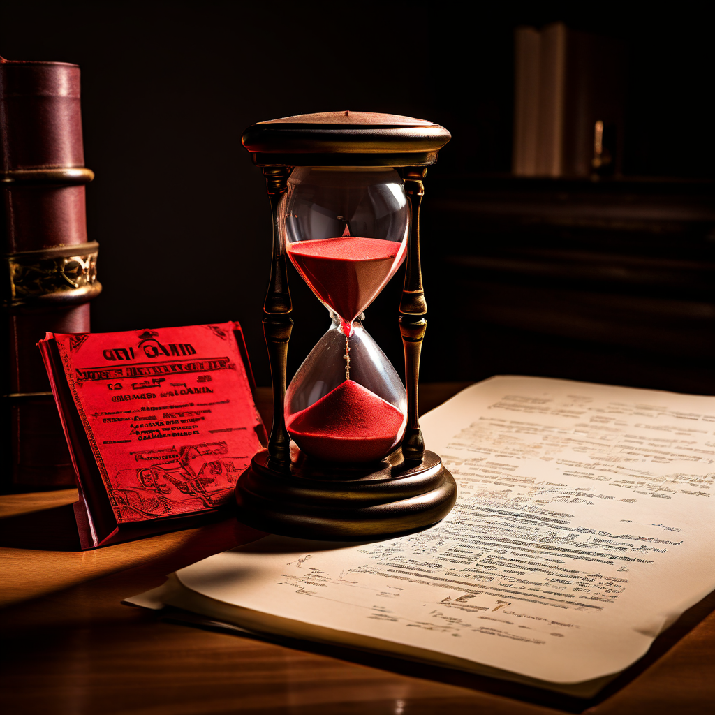 시간이 부족한 법적 검토 상황을 상징적으로 표현한 이미지로, 강조 표시된 법률 문서와 모래가 거의 다 빠진 모래시계, 그리고 책상 위의 적색 경고 스탬프가 배치되어 있습니다.