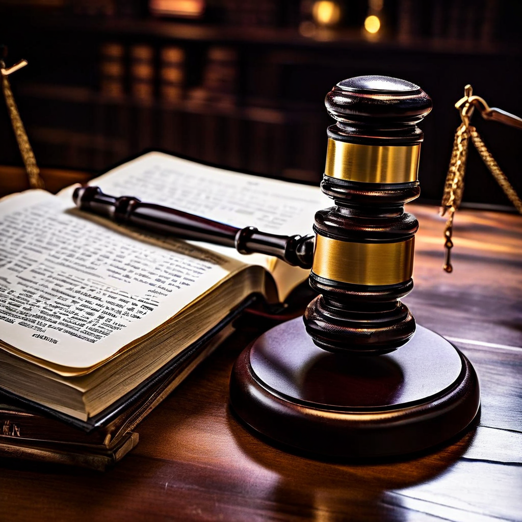 법정의 소추 과정을 상징하는 법봉과 법전 위에 체포, 수사, 재판의 단계를 보여주는 절차도가 배경에 함께 배치된 법률 시스템 설명 이미지입니다.