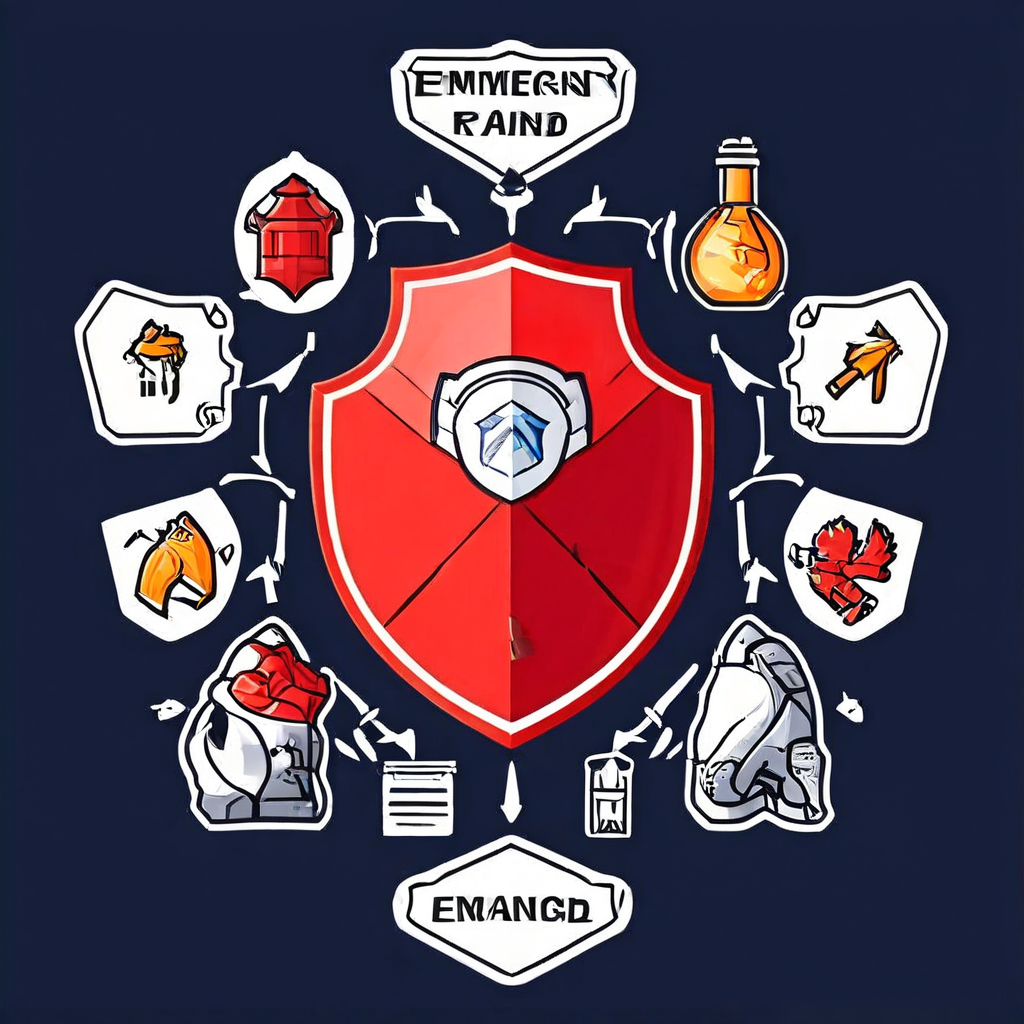 비상 대응 매뉴얼 순서도를 보여주는 이미지로, 위험 요소 아이콘과 단계별 조치 사항, 피해 최소화를 상징하는 방패 모양이 포함된 응급 상황 대처 가이드를 설명합니다.