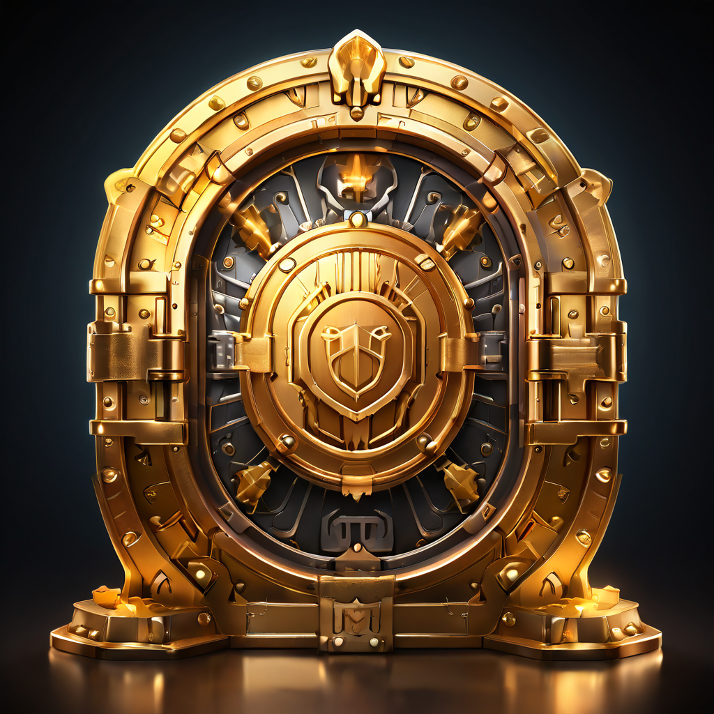 슬롯 머신의 대박 당첨 데이터를 안전하게 보호하는 중요성을 상징하는, 자물쇠 아이콘이 새겨진 방패가 관리하는 금빛 당첨권 보관 금고 이미지입니다.