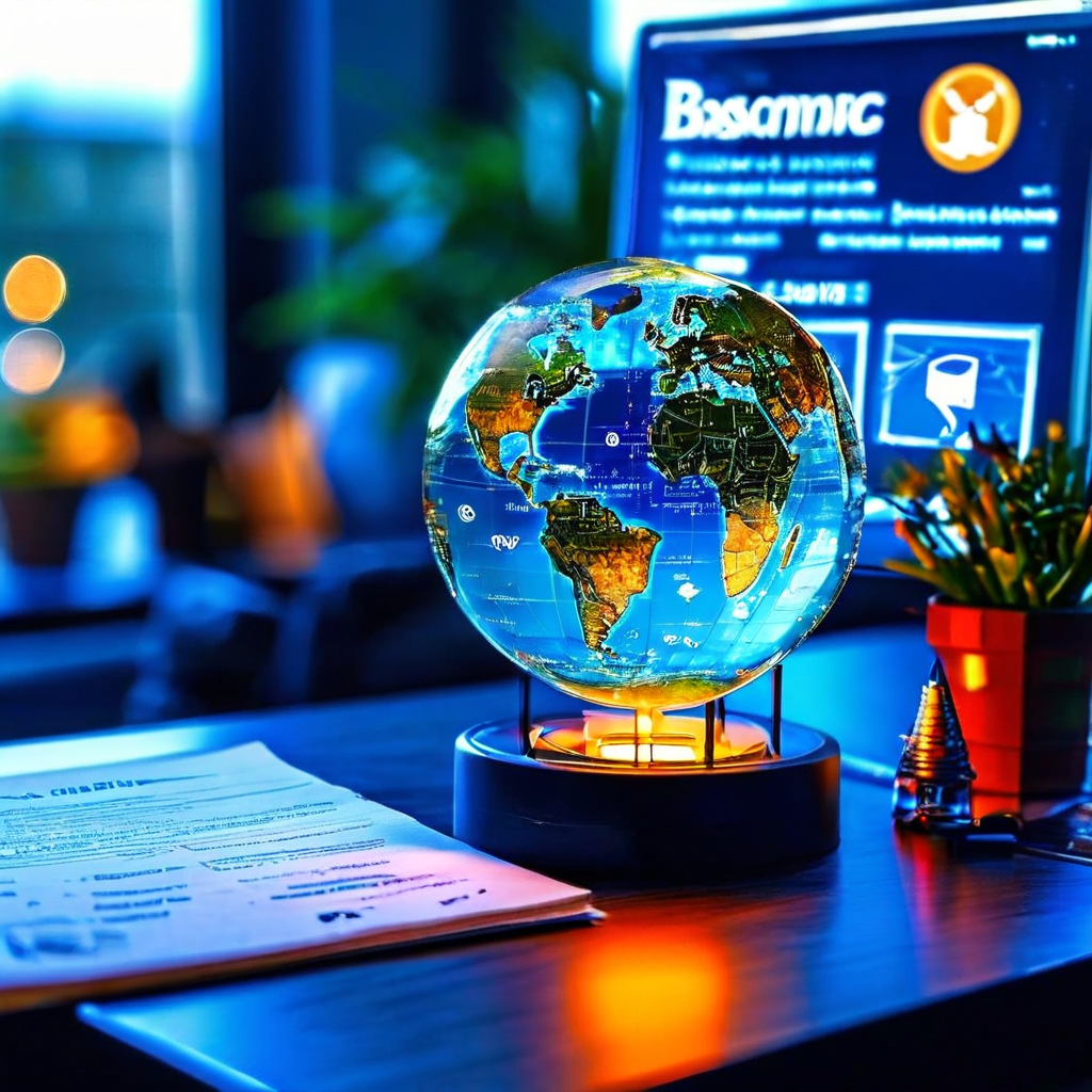 투명한 큐브 안에 '기본 원칙'이라고 표시된 전자상거래 법률 문서와 디지털 마케팅 아이콘들이 있는 빛나는 지구본이 배치되어 전자상거래 법의 핵심 규범과 글로벌 적용 원리를 상징적으로 보여줍니다.