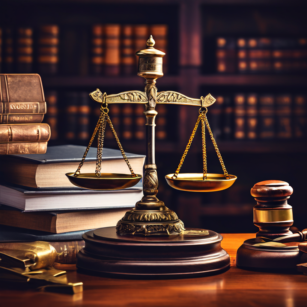 전자상거래 플랫폼과 법정의 상징인 법률 서적과 법관 망치를 저울질하며, 배경에는 규정 위반과 법적 판단 관련 키워드가 표현된 개념 이미지입니다.