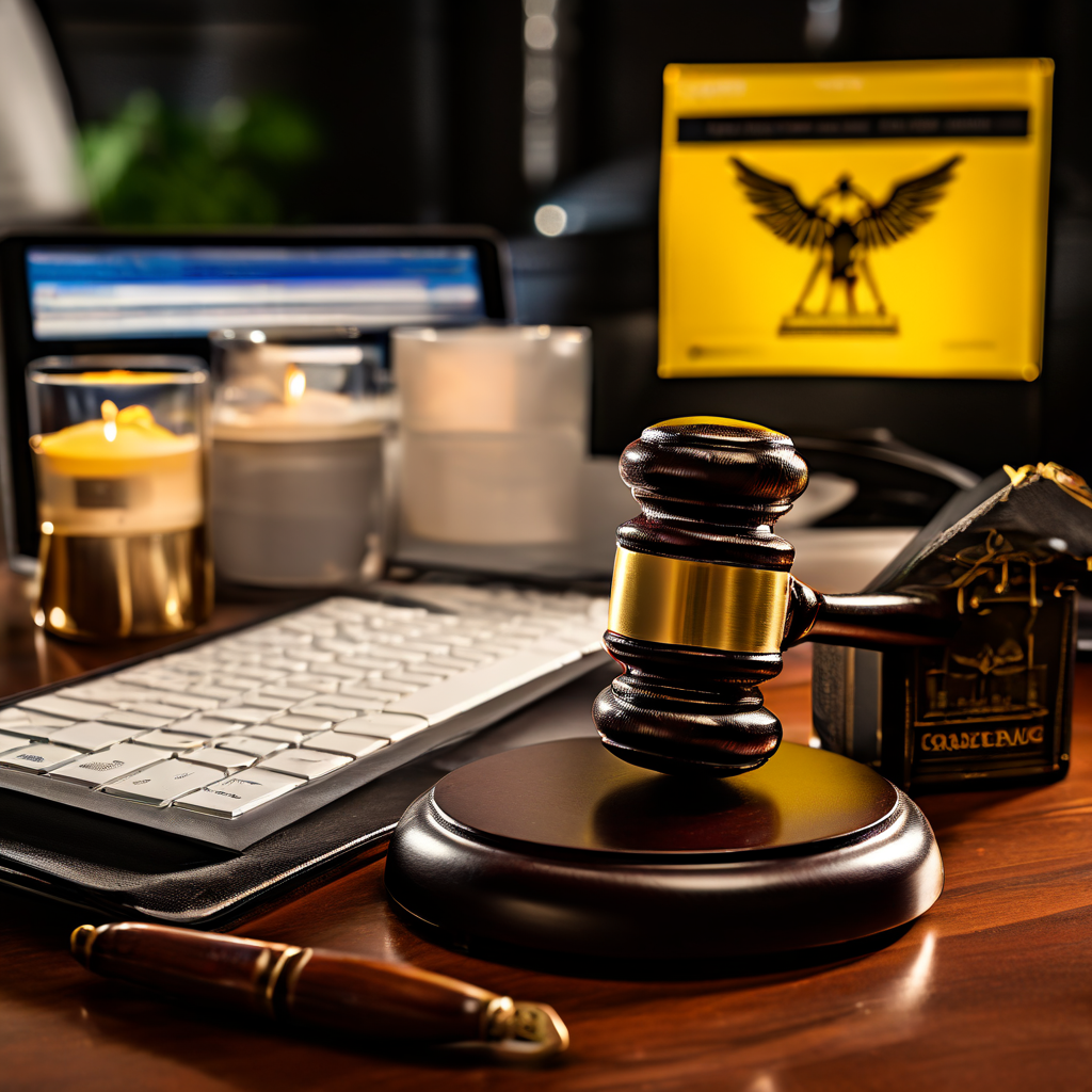 법원의 법봉이 컴퓨터 서버를 다루는 사이버 범죄나 데이터 위반 관련 소송을 상징적으로 표현하며 배경에는 법적 문서와 경고 표지가 함께 배치된 이미지입니다.