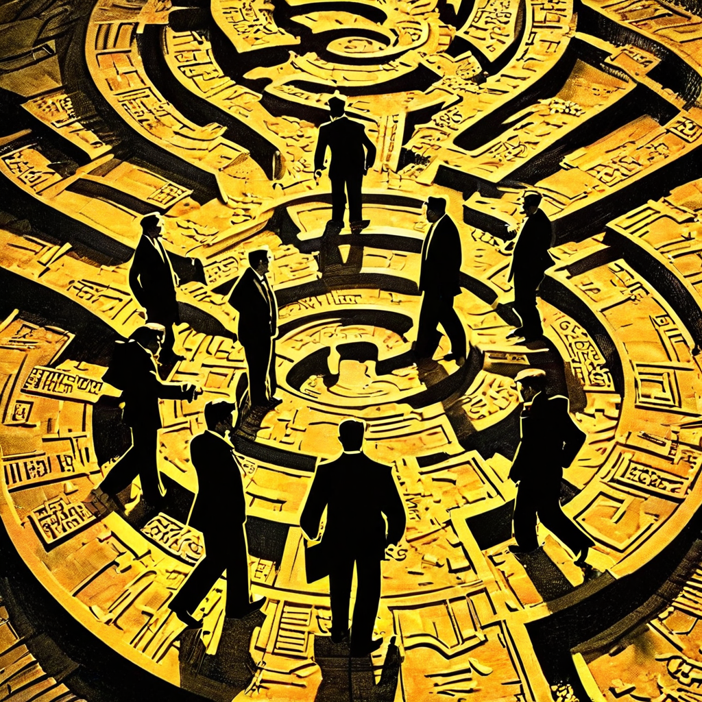 돈세탁 연루를 상징적으로 표현한 이미지로, 그림자 같은 인물들이 다단계로 연결된 페이퍼 컴퍼니와 해외 은행의 미로를 통해 자금을 유통하는 모습을 보여줍니다.