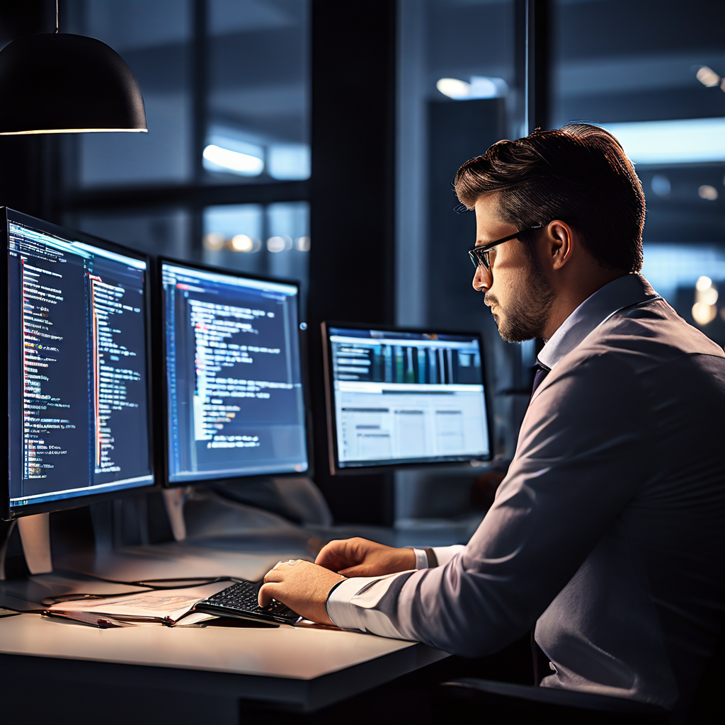 IT 관리자가 현대적인 사무실에서 듀얼 모니터에 표시된 소프트웨어 솔루션 제안서를 체크리스트와 꼼꼼히 비교 검토하며 의사 결정을 준비하는 모습입니다.