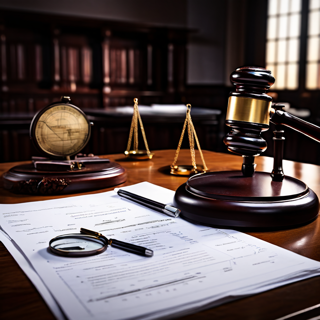 법정에서 정의의 저울과 법률 문서를 배경으로 확대경이 쟁점과 증거상의 난제를 집중적으로 비추고 있는 법률 논쟁 및 증거 분석 장면입니다.