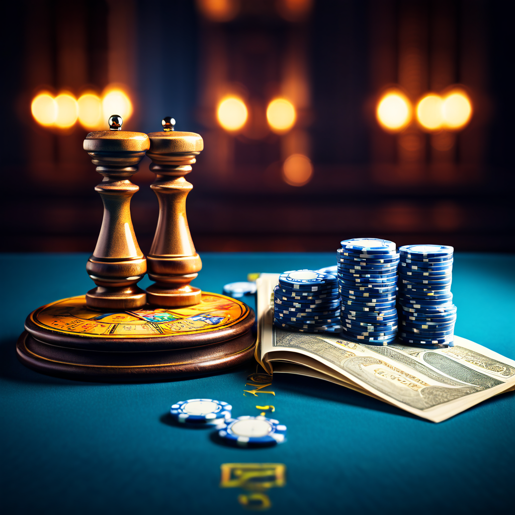 도박 산업의 위험성과 법적 규제의 필요성을 상징적으로 보여주는 개념적 이미지로, 한쪽에는 카지노 칩이 다른 한쪽에는 법전이 저울 위에 올려져 있으며 경계가 흐릿하게 표현되어 있습니다.