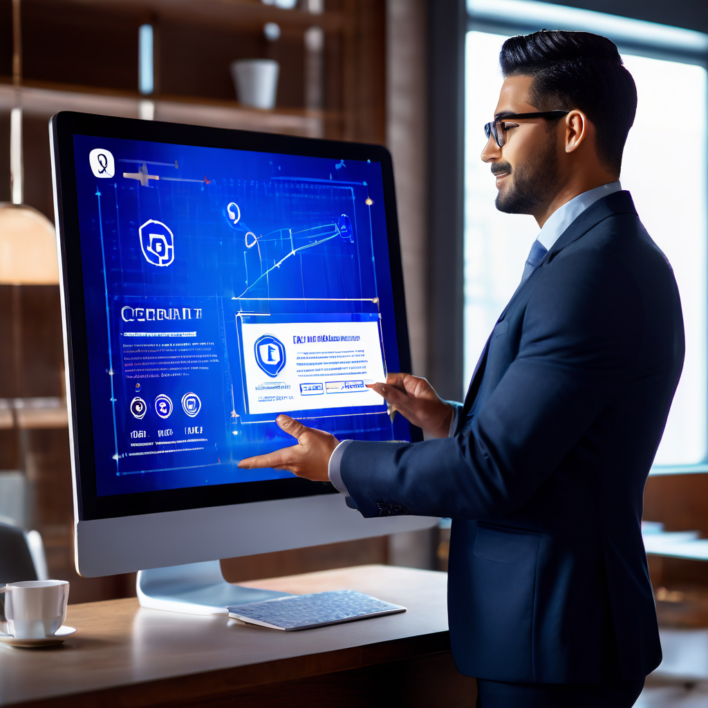 디지털 라이선스 인증서를 화면에 띄워 저작권 표시와 보안 검증 아이콘을 강조하며 발표하는 전문 비즈니스맨의 모습을 담은 이미지입니다.