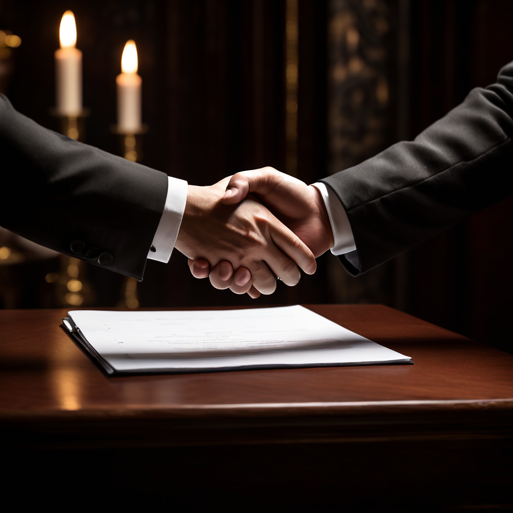 분쟁 당사자 간의 악수 위에 서명된 계약서를 놓는 모습으로, 공식적 합의를 통한 분쟁 해결과 협력의 시작을 상징적으로 표현하고 있습니다.